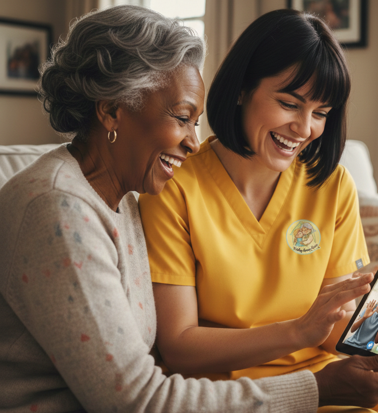 Home Care Professional helping an elderly African American woman use a tablet for a video call.